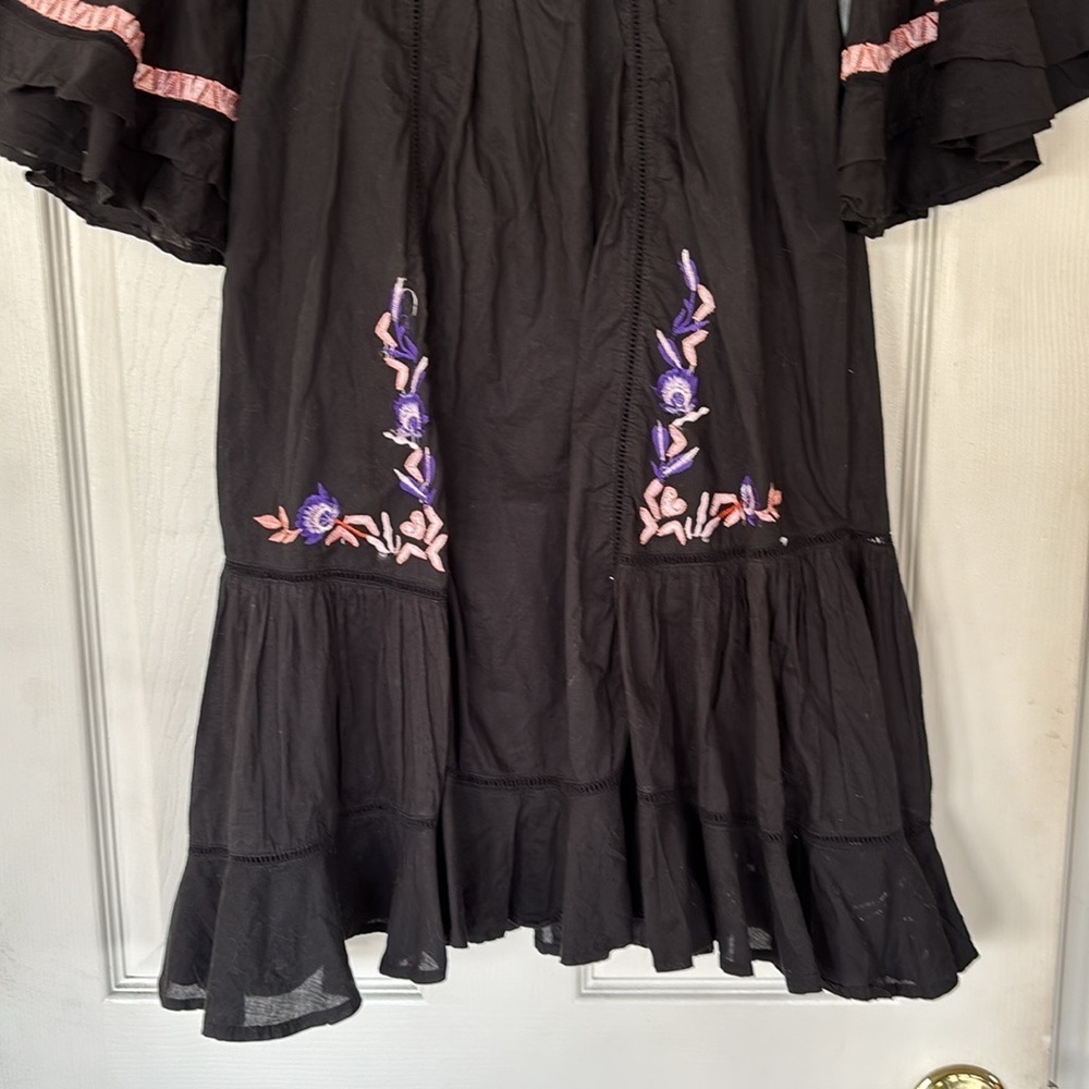 Free People Black Boho Ruffle Pavlo Mini Dress Orange Purple Floral Embroidery - Picture 12 of 16